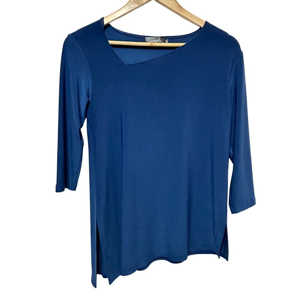 Sympli Asymmetrical Top Womens 6 Blue 3/4 Sleeve Tunic Stretch Travel Lagenlook
